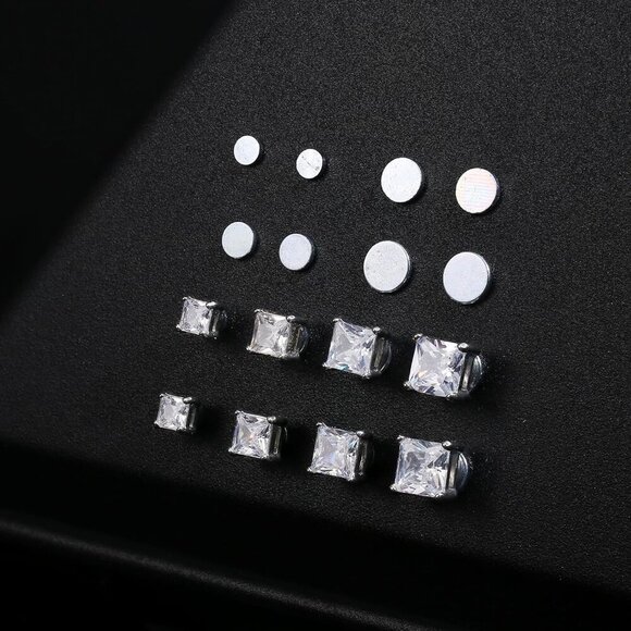 Elegant Silver Magnetic Cubic Zirconia Square Stud Earrings for Men & Women, 4-7 - Picture 5 of 7